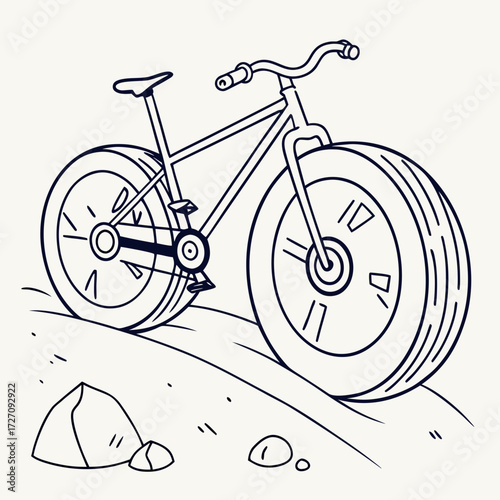 A simple line art drawing of a fat tire bicycle with thick wheels and handlebars positioned on a rough terrain with rocks and dirt