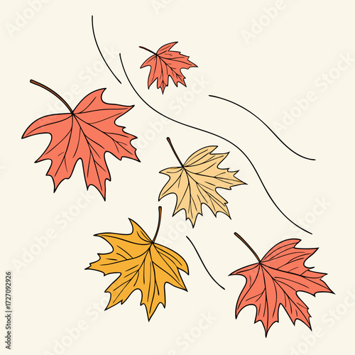A whimsical illustration of falling maple leaves in warm autumn colors like red and yellow gracefully drifting on gentle wind currents against a soft cream background