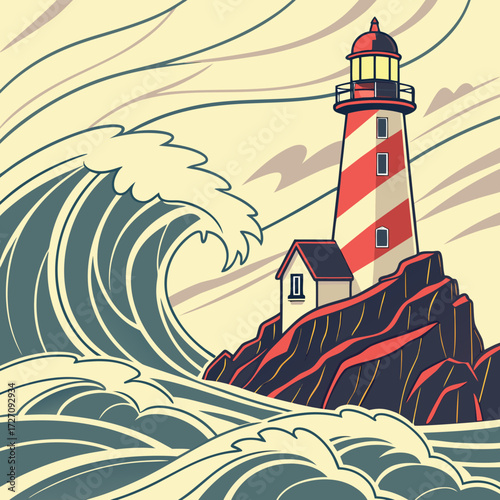A towering red and white striped lighthouse stands firm on a rocky cliff as a colossal wave crashes against the shore under a dramatic cloudy sky