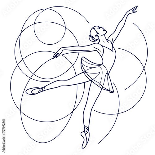 Elegant ballet dancer in a graceful pose depicted with flowing dark blue lines against a clean white background embodying movement and artistry