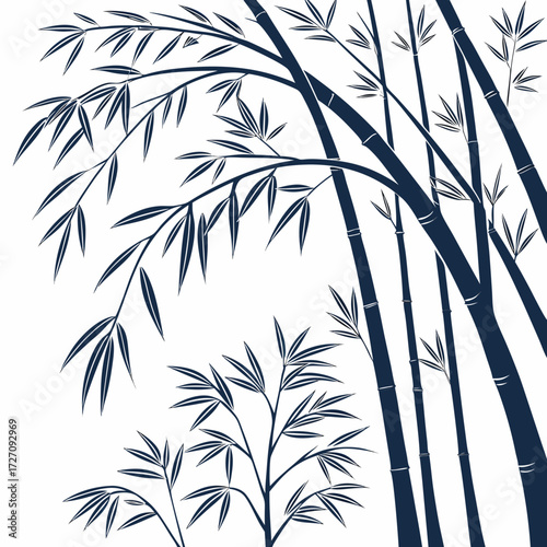 Elegant dark blue bamboo stalks and leaves create a serene and natural composition against a clean white background evoking a sense of tranquility and asian aesthetics