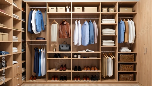 Organized walk in closet with neatly hung clothes and shoes