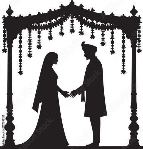 Indian Wedding Couple Holding Hands Under Mandap Silhouette