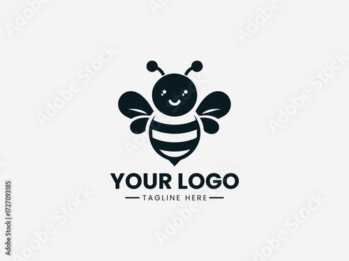 Cheerful smiling bee vector logo with happy face and welcoming wings for family business branding