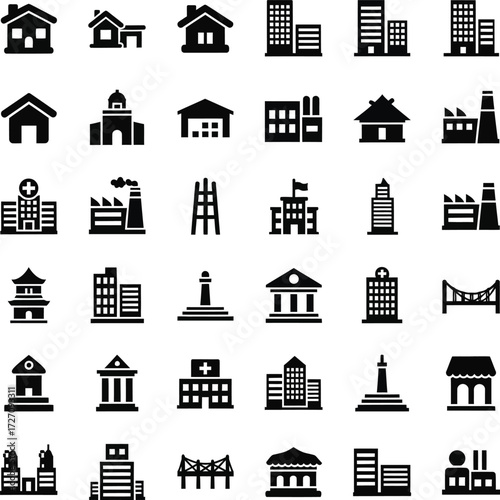 Collection of diverse building icons for architecture and city planning
