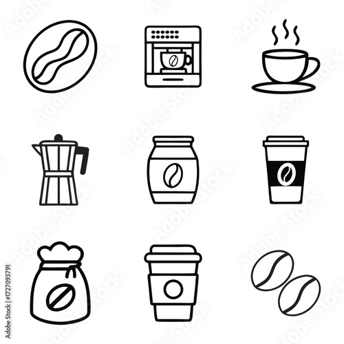 Collection of hand drawn coffee icons representing various coffee making and serving elements