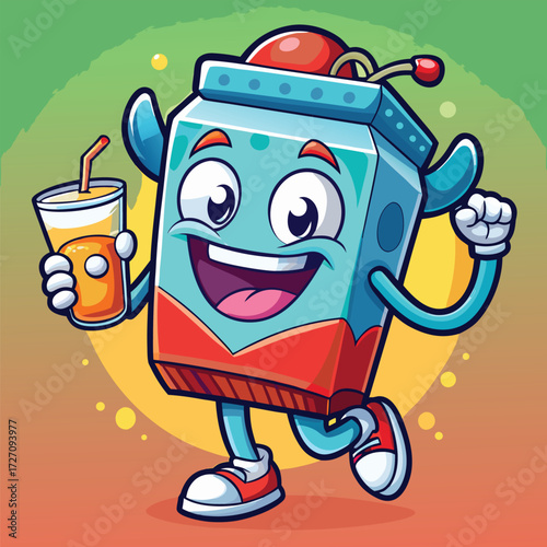 A cheerful cartoon juice box character is joyfully running while holding a glass of orange juice. This vibrant and energetic mascot is perfect for promoting healthy drinks and fun.