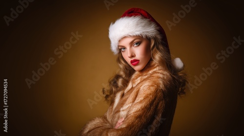 Elegant Woman in Santa Hat with Golden Background
