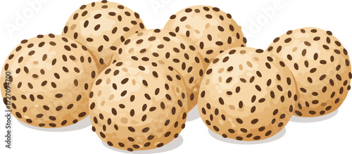 A group of six golden-brown sesame balls, coated in black sesame seeds, are arranged closely together on a white background.
