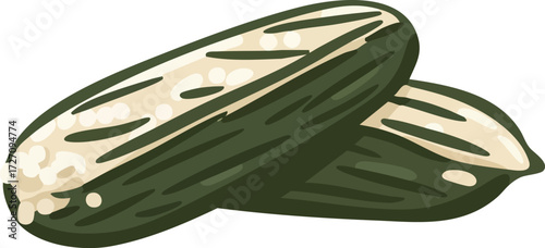 Two stylized green cucumbers or gherkins with lighter stripes, depicted in a simple illustration.