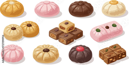 An assortment of colorful, intricately designed traditional sweets and pastries, depicted in a clean vector illustration style.