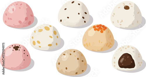A collection of eight round, bite-sized desserts, some with speckles and others with fillings, arranged on a white background.