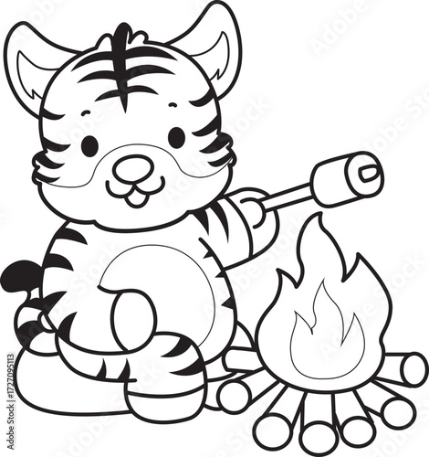 Coloring book of cute tiger character vector clip art for children.  
