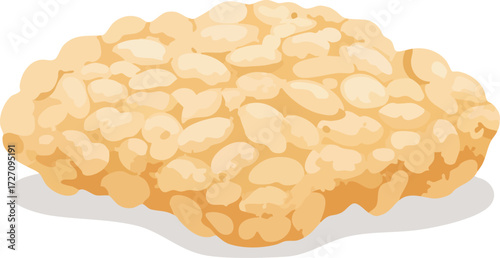 A close-up, overhead view of a golden-brown, crispy rice cake with a slightly irregular shape.