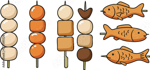 Various skewers of food items, including fish and different types of balls.