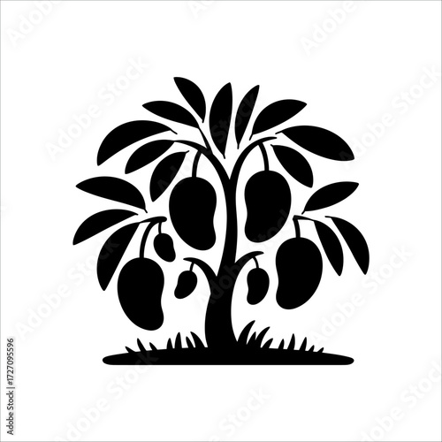 Mango tree silhouette, tropical fruit plant illustration, minimalist elegant design