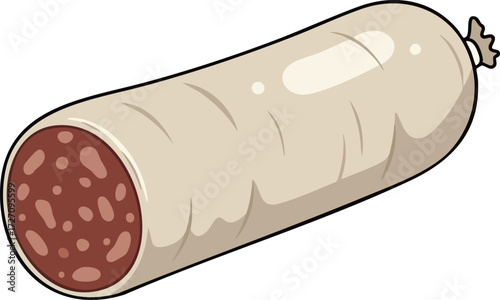 A cartoon illustration of a large, cut sausage, possibly salami, showing its meaty, speckled interior.