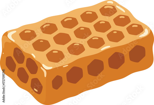A rectangular block of golden honeycomb, glistening with honey, showing hexagonal cells and a rich amber color.