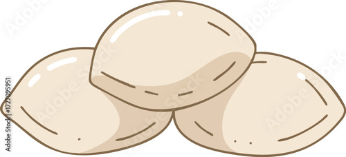A simple cartoon illustration of three beige clamshells clustered together.
