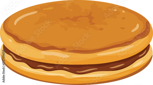 Close-up view of a round, golden-brown Japanese pancake sandwich, possibly a Taiyaki or similar dessert.