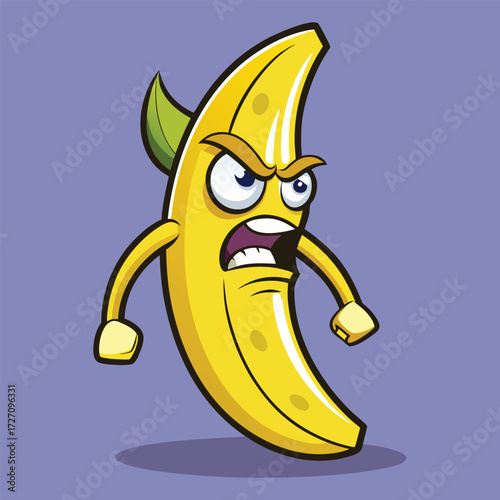 A cartoon banana character appears incredibly angry, with furrowed brows and an open mouth shouting. Its arms are clenched into fists, ready for action.