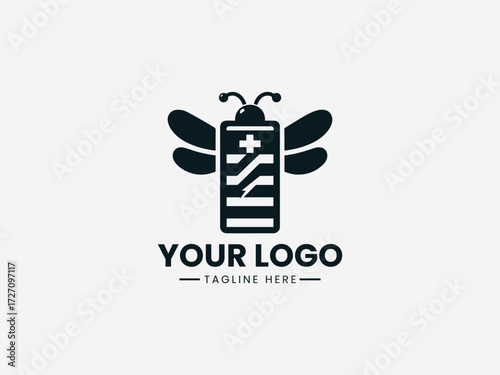 Creative battery bee vector logo with electric wings and power symbols for energy company branding