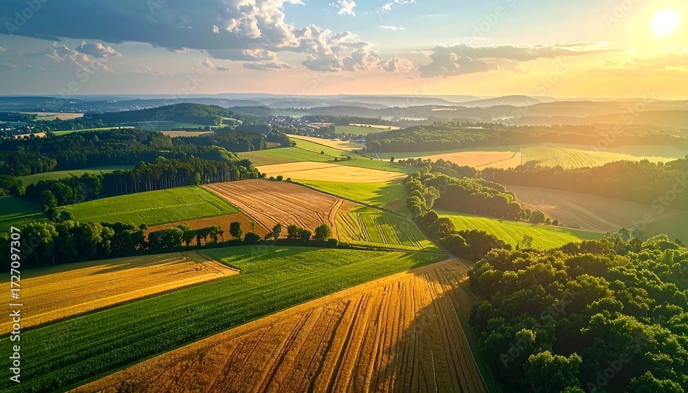 Obraz premium Aerial view of sunlit patchwork farmland at sunset