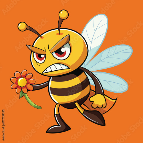 A fierce-looking, anthropomorphic cartoon bee with angry eyes, holding a small flower and a tiny bag. This playful character artwork evokes a sense of mischievousness and adventure.
