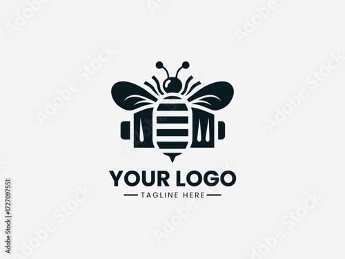 Creative battery bee vector logo with electric wings and power symbols for energy company branding
