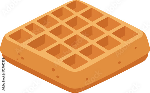 Isometric view of a golden brown waffle, showing its characteristic grid pattern.