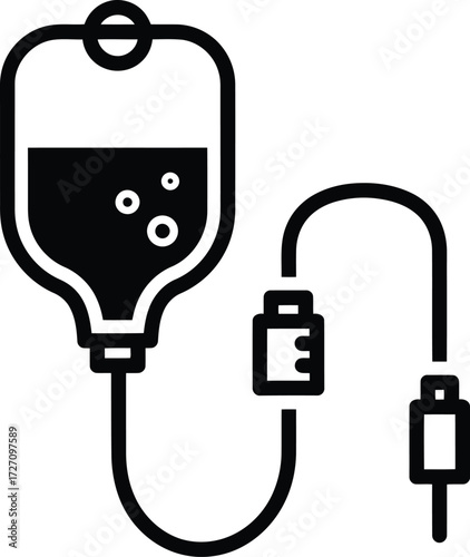 Vector art of medical intravenous drip bag and tubing, medical infusion icon, healthcare symbol