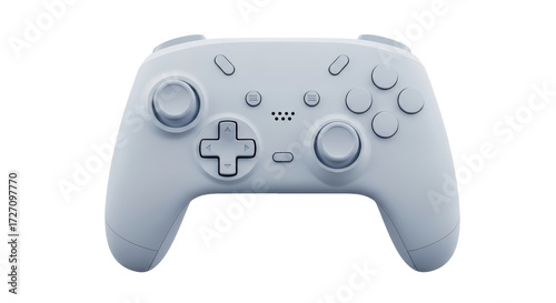 Isolated light blue modern wireless game controller, playing a video game with a gamepad