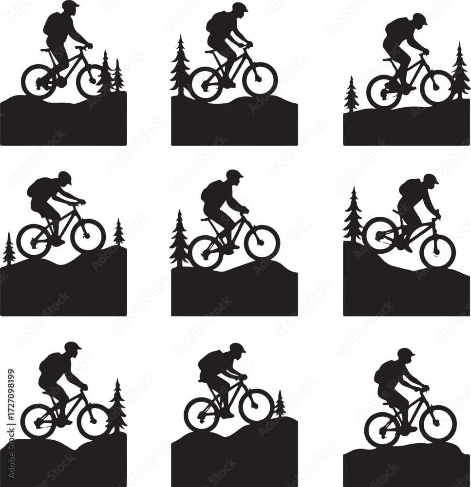 Obraz premium Mountain biker silhouettes on hilly terrain with trees