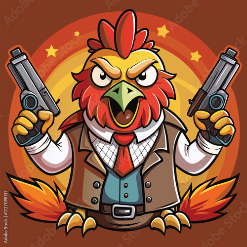 A cartoon rooster dressed in a suit and cowboy hat stands with a determined expression, brandishing two revolvers. This image evokes a sense of wild west adventure and quirky charm.