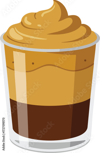 A layered coffee drink with whipped cream on top, presented in a clear glass.