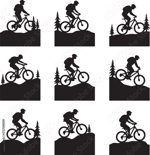 Mountain biker silhouettes on hilly terrain with trees