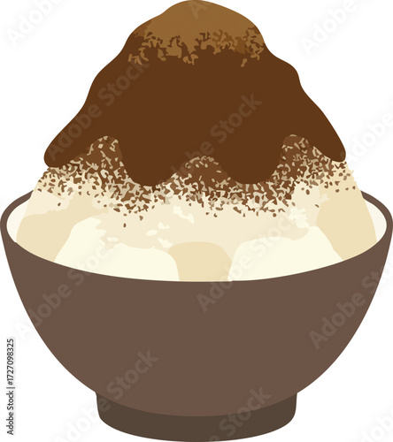 A bowl of shaved ice dessert with toppings, including whipped cream, caramel sauce, and brown sugar boba.