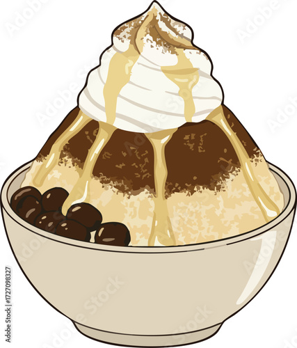 A bowl of shaved ice dessert with toppings, including whipped cream, caramel sauce, and brown sugar boba.