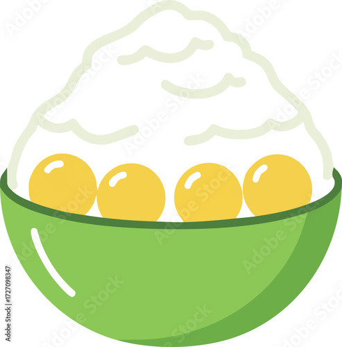 A vector illustration of a bowl of Asian shaved ice dessert, topped with red bean paste, mango cubes, and mochi.