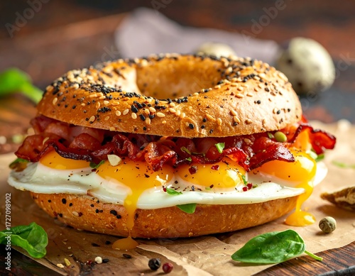 Savory bagel sandwich with bacon and eggs