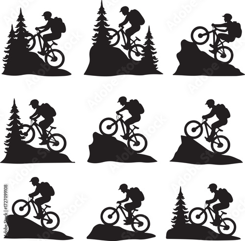 Mountain biker silhouettes on rocky terrain and pine trees