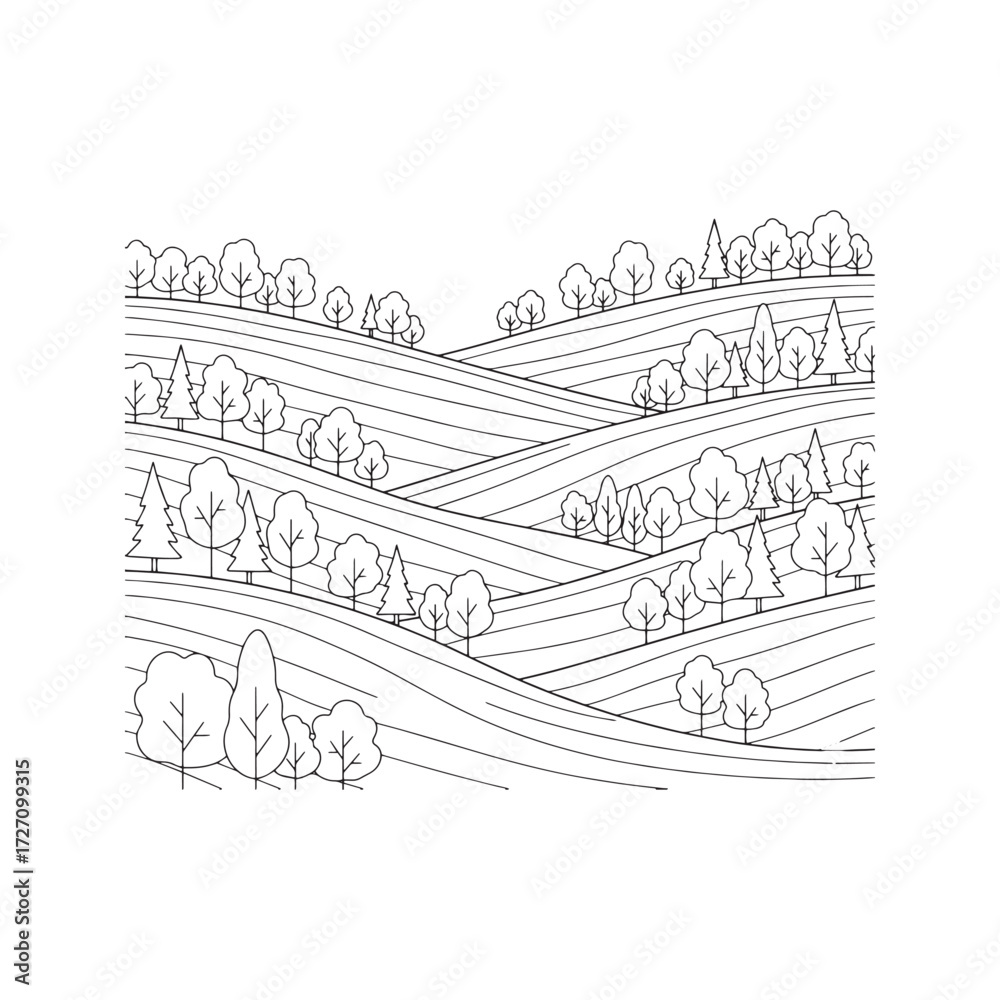 Fototapeta premium Hilly Forest Landscape Icon, Minimalist Vector Line Art of Rolling Hills and Mixed Trees 