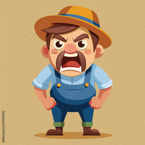 A furious cartoon farmer character wearing overalls and a straw hat, with an open mouth and clenched fists, displaying intense anger and frustration.