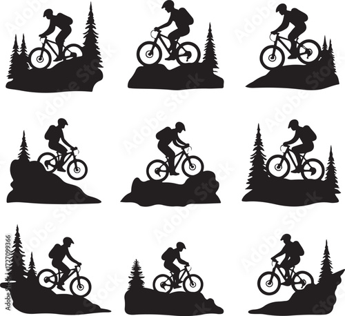 Mountain biker silhouettes on rocky terrain and trees