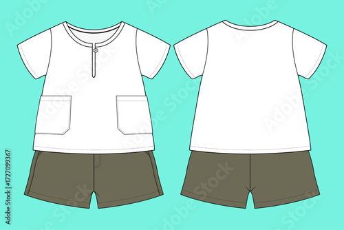 Infant Toddler Boys Short Sleeve T-Shirt and Shorts Set Fashion Flat Sketch Vector CAD Template.