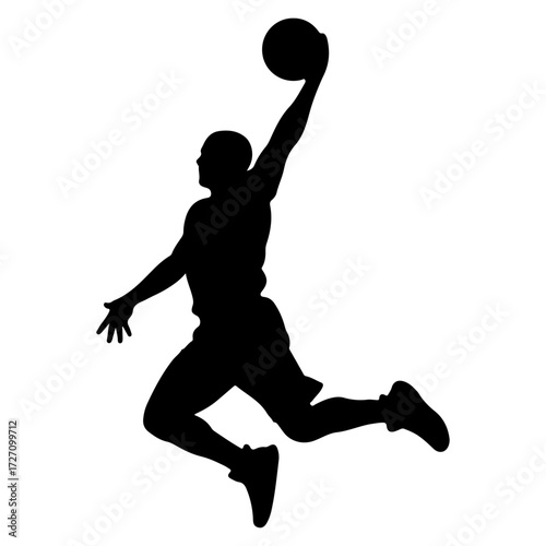 Black Silhouette of a Jumping Dunking Player, Energetic Basketball Jump Shot Icon, ideal vector asset for sports branding, fitness advertisements, team promotions, or any project needing an intense.