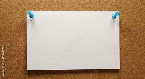 Blank white note paper pinned with blue push pins to a brown cork board, offering clean copy space for a message or announcement