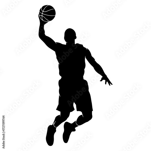 basketball player with ball, Sports Action Player Vector Illustration, Professional Basketball Layup Silhouette, captured during a slam dunk or layup. 
