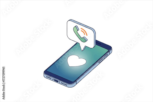 A smartphone displaying a heart symbol, with a call notification bubble above it, indicating a phone call.