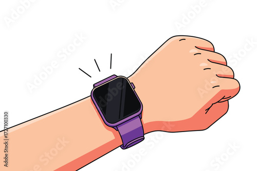 Illustration of a hand wearing a purple smartwatch with a black screen, isolated on white background, showcasing modern wearable technology and style vector